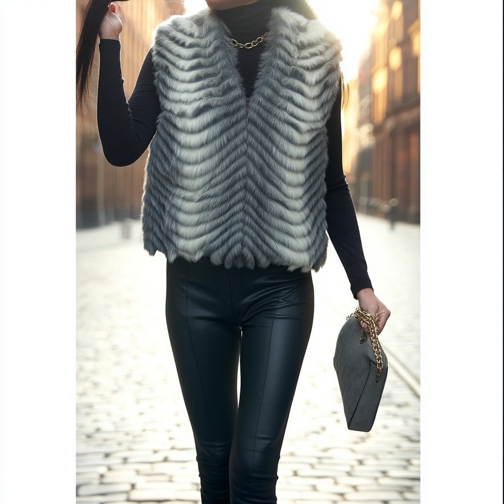 Preston & York Faux Fur Vest Gray White Chevron Zebra‎ Zip-Up Sleeveless Jacket